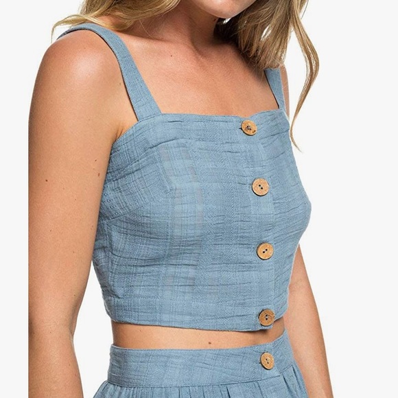 Roxy Tops - Roxy Blue Button Down Crop Tank Top